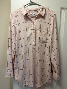 Daily Ritual Pink Black Check Collared Long Sleeve Blouse, Viscose